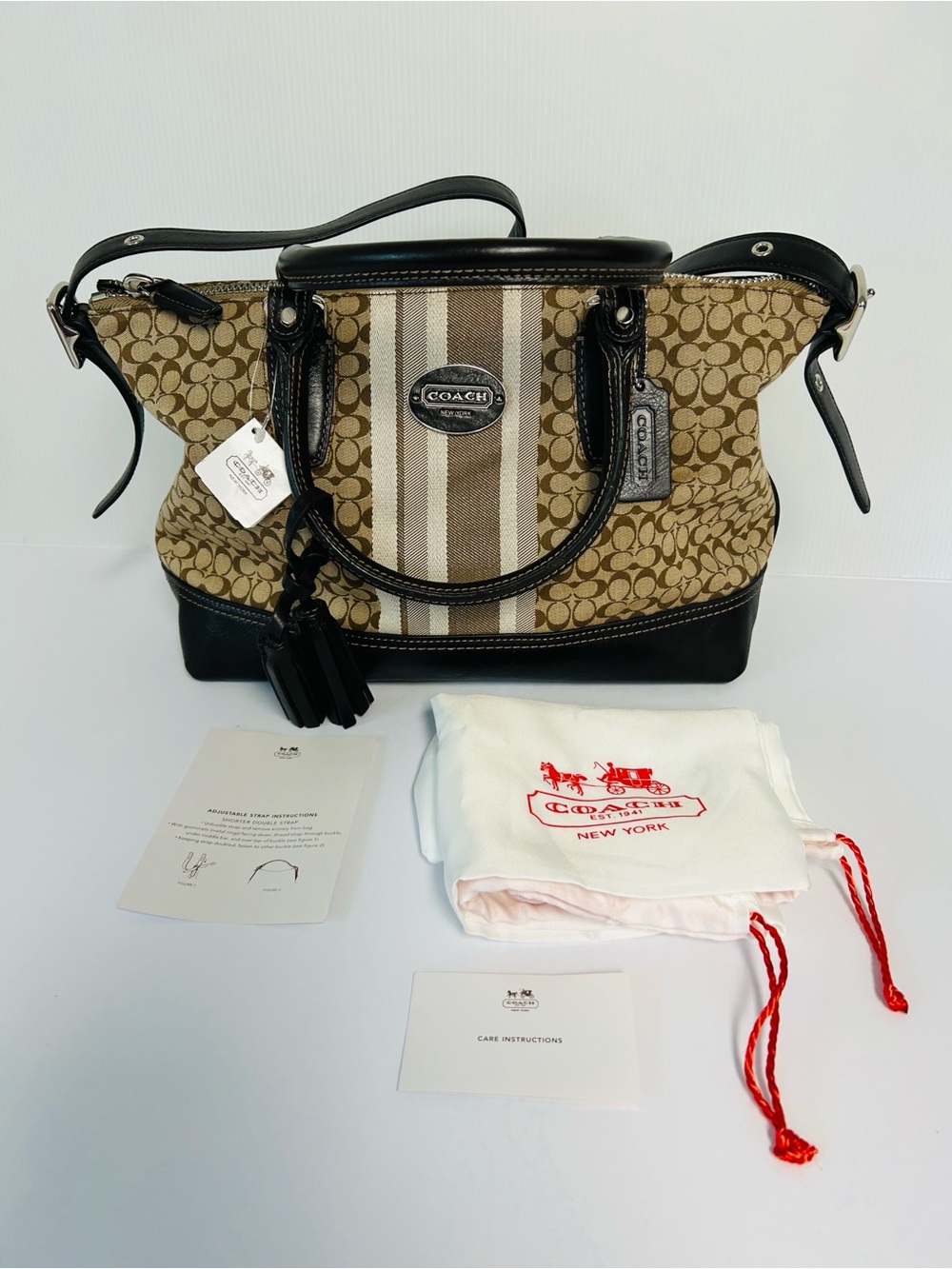 Coach NWT M1320-29622E Retired Striped East/West Satchel Leather Trim Bag